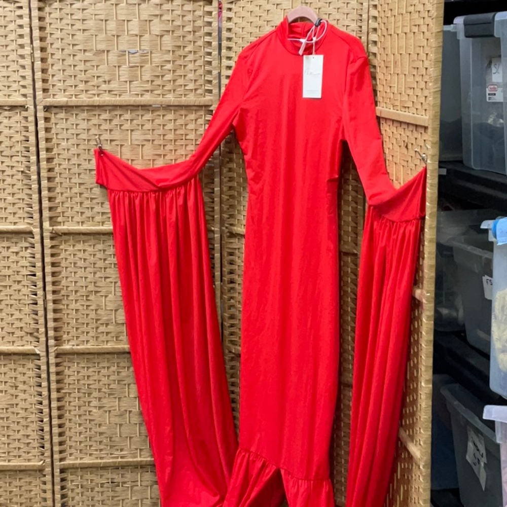 Red Maxi Dress with Dramatic Bell Sleeves